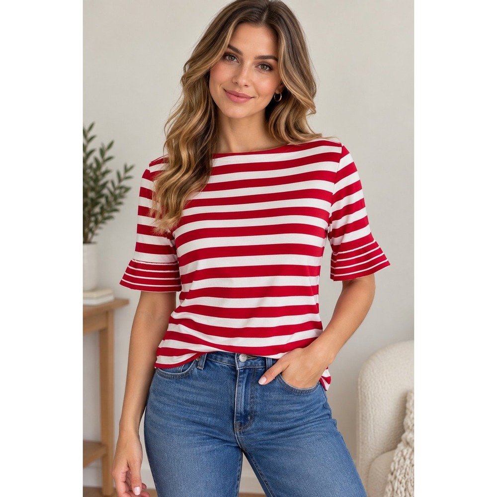 Lauren Ralph Lauren Women's Red and White Striped Short Sleeve T-Shirt